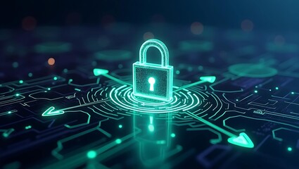 A glowing digital padlock symbolizing cybersecurity, set against a dark, futuristic background with circuit patterns.