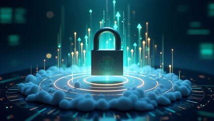A glowing digital padlock symbolizing cybersecurity and data protection amidst a cloud and upward arrows.