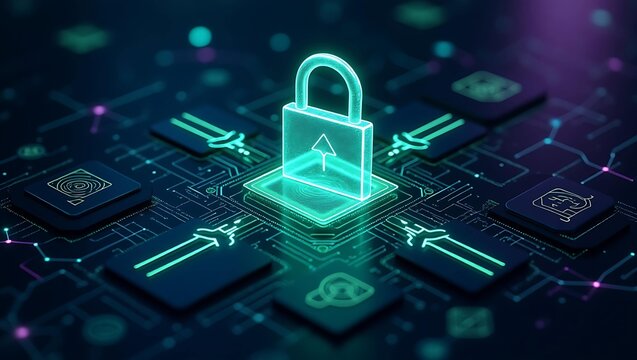 A glowing digital padlock representing cybersecurity, surrounded by tech icons and circuits in a futuristic blue and green palette.
