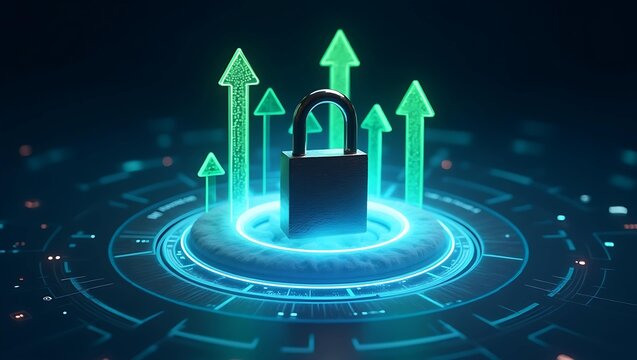 A digital padlock surrounded by glowing green arrows, symbolizing security and growth in a high-tech environment.