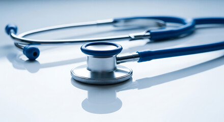 A close-up view of a blue medical stethoscope resting on a clean, reflective white surface, symbolizing healthcare and diagnosis.