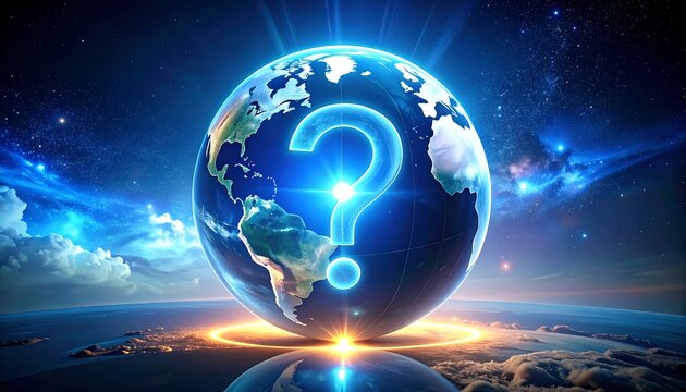 A glowing Earth, radiating light, with a giant question mark superimposed, set against a cosmic background of stars and nebulas - Powered by Adobe