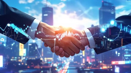 Business Handshake with Digital Cityscape Overlay - Partnership Success - Powered by Adobe