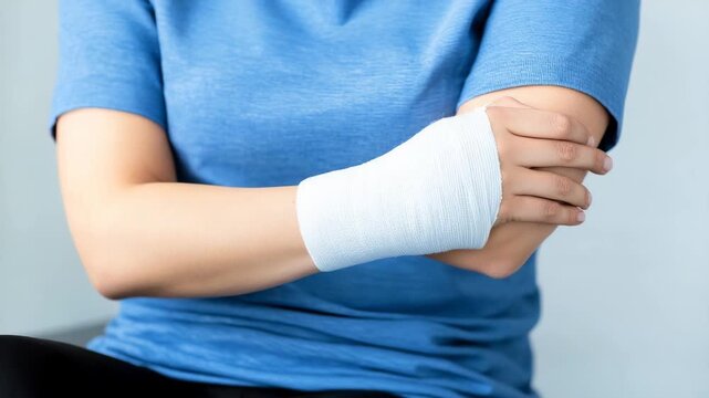 Injured person wearing a bandage on their arm sitting in a medical office waiting for treatment