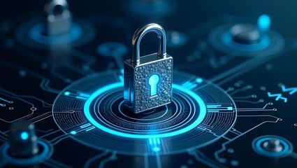 A metallic padlock on a digital circuit board, symbolizing cybersecurity and data protection.