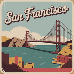 san francisco vintage postcard golden gate bridge muted retro palette curved script editable san francisco text drop shadow souvenir tee postcard scalable vector for apparel and print