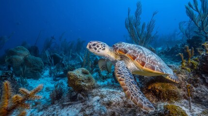 Naklejka premium Sea turtle swimming above coral reef, marine wildlife conservation and ocean preservation concept.