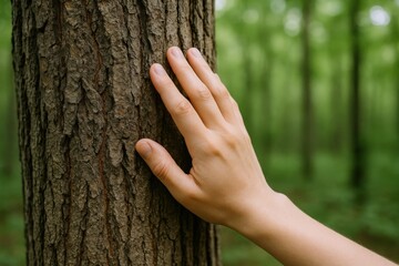 Woman's Hand Gently Touching a Tree Trunk in a Forest, Connection with Nature and Environment