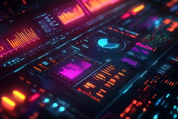 Futuristic high-tech dashboard interface with glowing neon and digital displays