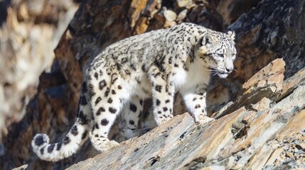 Naklejka premium Snow leopard walking on rocky mountain slope, endangered wildlife conservation and natural habitat protection concept.