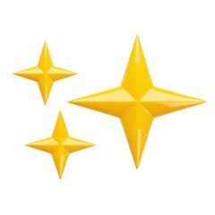 Obraz premium Three shiny golden four pointed stars sparkling brightly isolated on transparent background