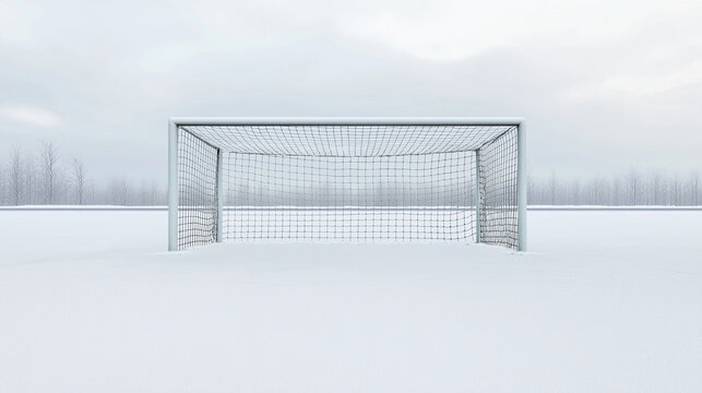 Snow Covered Football Goal. Minimalist Soccer Goal in Snowy Winter Field – Cold Foggy Landscape Background - Powered by Adobe