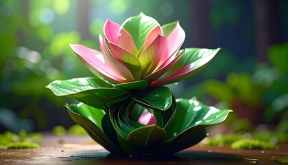 A stylized pink and green plant with swirling leaves, digitally rendered, sits on a mossy surface
