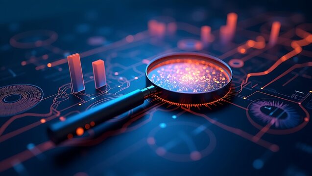 A close-up of a magnifying glass over a glowing digital map with vibrant circuits and data points.