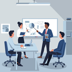 Modern Vector Illustration of Business Meeting with Data Charts and Presenters in Professional Style