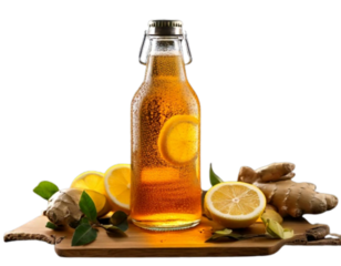 Cartoon Kombucha Bottle Character with Smiling Face and Fizzy Bubbles, Isolated on Transparent Background