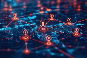 Holographic human icons connected by glowing network lines representing global connectivity and digital communication