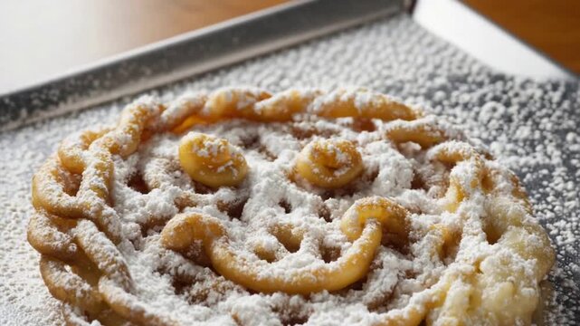 Close up of a happy face funnel cake dusted with powdered sugar.