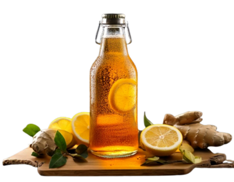 Cartoon Kombucha Bottle Character with Smiling Face and Fizzy Bubbles, Isolated on Transparent Background