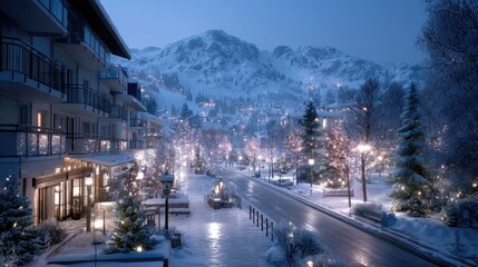 Fototapeta premium Snowy Village at Night with Street Lights and Trees in Winter Scenery Cinematic HDR