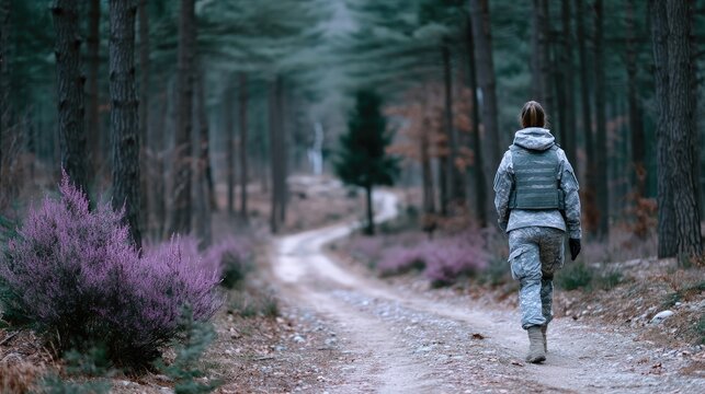 Soldier Walking on Forest Trail Wearing Camouflage Uniform and Tactical Gear Under Shadowy Lighting - Powered by Adobe