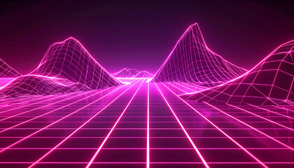 A futuristic digital landscape featuring glowing neon lines, creating a retro-style mountain range and grid.