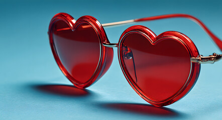 Red heart shaped sunglasses on blue background