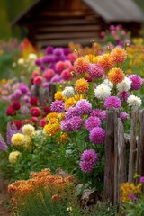 Fototapeta premium Vibrant Dahlia Flowers Bloom Beside Rustic Fence in a Charming Garden Landscape, Promoting Serenity