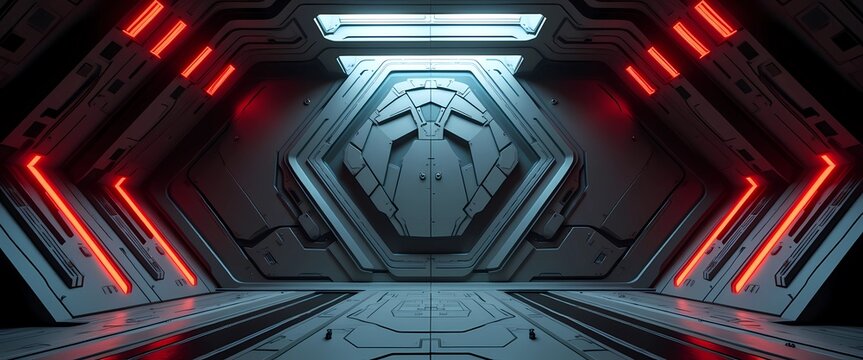 Futuristic spaceship door corridor with neon red and blue lights, cinematic spaceship background 4k sci-fi wallpaper
