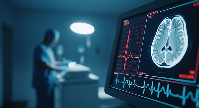 Close-up of a medical monitor displaying a brain scan and vital signs, with a surgeon in the background.