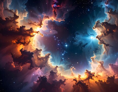 A vibrant nebula with swirling, colorful clouds and bright stars - Powered by Adobe