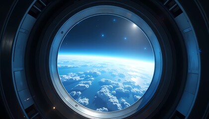 Earth view from spaceship porthole window with stars and clouds, cinematic spaceship background 4k sci-fi wallpaper design