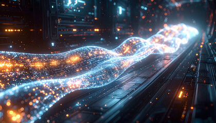 Abstract technological visualization featuring a flowing stream of blue and orange particles against a dark, metallic, futuristic background.