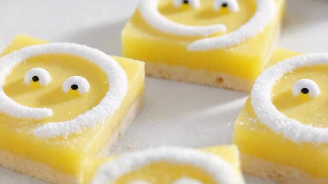 Whimsical Lemon Bars Decorated with Cute Candy Eyes and White Swirls.