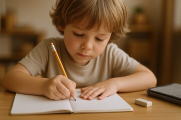 Young Boy Concentrating on Writing in Notebook at Desk, Educational Activity and Home Learning