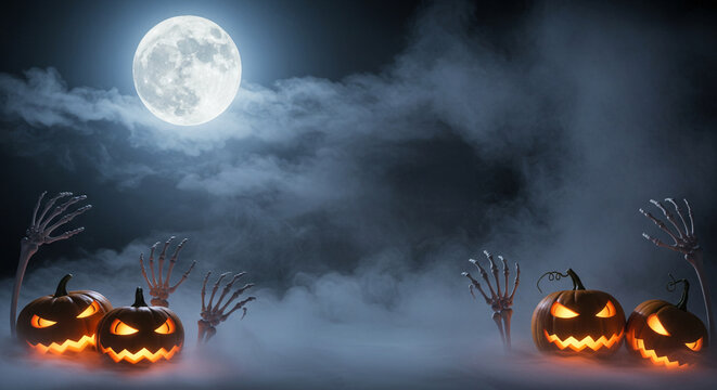 Halloween scene with glowing pumpkins, skeleton hands, fog, and a full moon in the night sky.