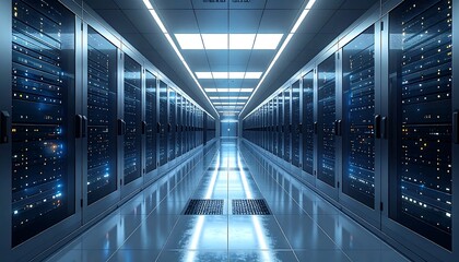 A long, perspective view inside a modern server room with rows of networked computer racks and cabinets. Illuminated by cool, bright overhead lights