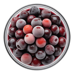 Top view bowl of brazilian frozen acai berry isolated on transparent white background, clipping path