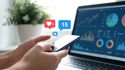 Person using a smartphone with social media notifications and a laptop displaying financial charts and graphs for analysis - Powered by Adobe
