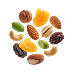 Trail Mix With Floating Nuts And Dried Fruits On Transparent isolated on white background