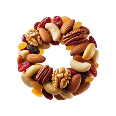 Trail Mix With Floating Nuts And Dried Fruits On Transparent isolated on white background