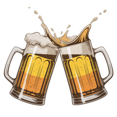 Two Beer Mugs toasting creating splash isolated on transparent background Remove png, Clipping Path, pen tool, white