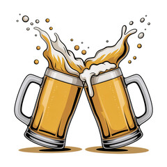 Two Beer Mugs toasting creating splash isolated on transparent background Remove png, Clipping Path, pen tool, white