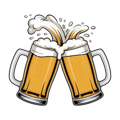 Two Beer Mugs toasting creating splash isolated on transparent background Remove png, Clipping Path, pen tool, white