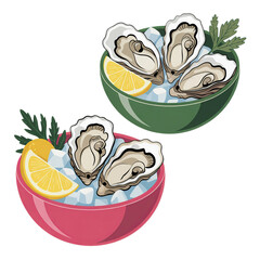 Two different bowls with fresh open oysters on ice and a slice of lemon on a transparent isolated on white background
