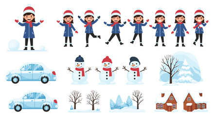 Fototapeta premium Cute cartoon winter scenes and characters with playful kids building snowmen and enjoying a snowy day with cars and houses.