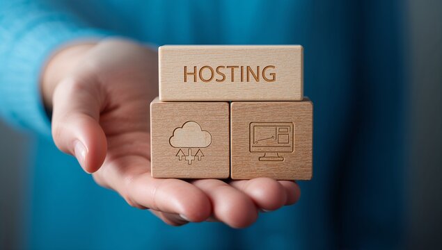 Concept of web hosting, domains name registration, internet technology. Man holding wooden blocks with icons and word: HOSTING. Internet database.,technology