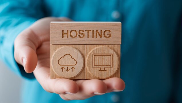 Concept of web hosting, domains name registration, internet technology. Man holding wooden blocks with icons and word: HOSTING. Internet database. web, domain
