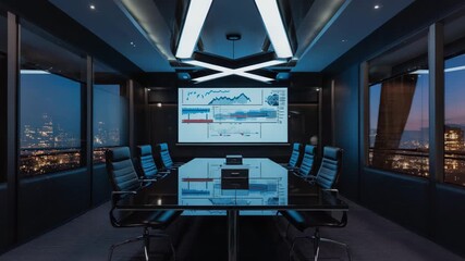 Futuristic Corporate Boardroom with Data Visualization Screens at Night. - Powered by Adobe