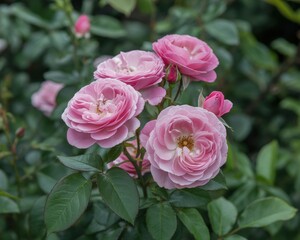 Fototapeta premium A cluster of soft pink roses with lush green leaves and buds in soft focus